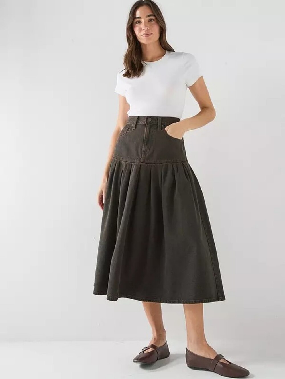 Levi's Denim Midi Skirt Over A Cup Skirt /brown Bnwt